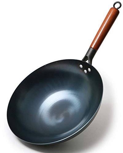 Wok in acciaio al carbonio cinese con manico in legno staccabile e foro per appenderlo, adatto a tutti i tipi di stufe, resistente ai graffi