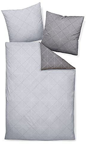 Palermo Janine Mako Satin Bettwäsche-Set 2tlg grau Silber 2 teilig Wende 155x220cm & Kissen 80x80cm Geometrisches Muster