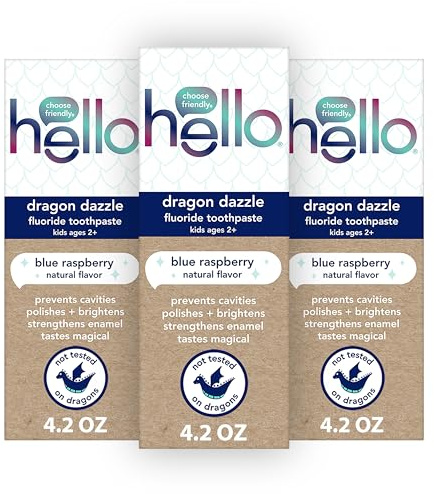 Hello Dragon Dazzle Blue Raspberry Kids Toothpaste, Fluoride Toothpaste, Ages 2+, No Artificial Sweeteners, No SLS, Gluten Free, Vegan, Pack of 3, 4.2 OZ Tubes