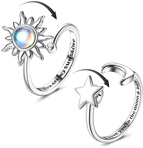 Adramata Anillo Girasol para Ansiedad - Plata Mujer Inquietos con Piedra Lunar, Anillos Giratorios Abiertos Ajustables