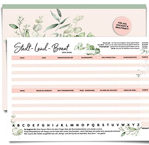 heaven+paper JGA Hochzeit Partyspiel Stadt Land Braut - lustiges Hochzeitsspiel für Gäste oder Mädelsabend (gestaltet in München) Stadt Land Fluss Block A4 (50 Seiten) JGA Spiele Bride to be