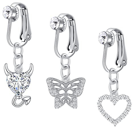Crdifu 3stk Fake Bauchnabelpiercings Klemme Kein Piercing Bauchnabel Clips Rings Silber Herz Schmetterling