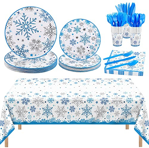 durony 169 Pieces Christmas Snowflake Tableware Set Winter Frozen Birthday Party Supplies Disposable Blue Snowflake Paper Plates Cups Napkins Spoons Forks Knives Plastic Tablecloth, Serves 24 Guests