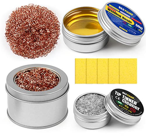 BEEYUIHF Nettoyant de Pointe de fer Kit de Contient 1 Flux de pâte à souder/1 Nettoyant pour panne de soudure/1 Support de Fer à Souder/2 Boules en Laiton/5 Éponges