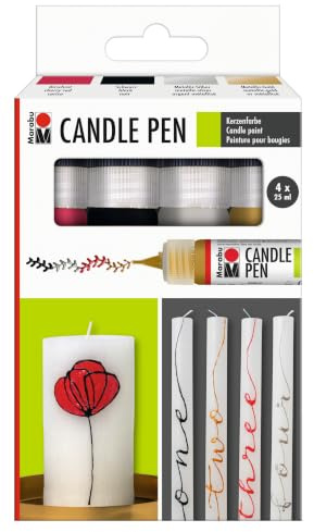 Marabu 1805000000086 - Kerzenstifte Candle Pen, 4 x 25 ml Farbe auf Wasserbasis, lichtecht, geruchsneutral, wetterfest, für kinderleichte Kerzendekoration, 4 Farben