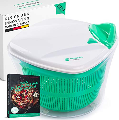 freegreen® Germany Centrifugador de ensalada [5L] con mecanismo de tracción patentado, colador y tapa con vertedor de agua integrado, incluye recetas de ensalada, ensaladera para servir con estilo