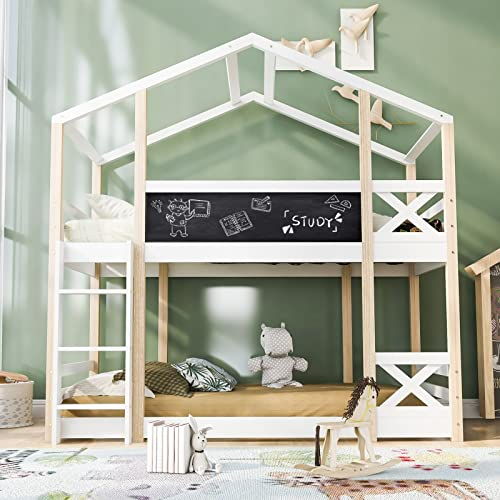 Rausfallschutz Bett, Hausbett 90X200 mit Rausfallschutz Bettgestell Weiß Massivholz Baumhaus mit Leiter 2X Lattenrost