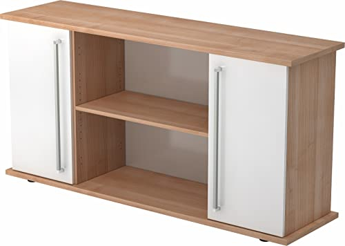 bümö Sideboard Nussbaum/Weiß mit Flügeltüren & Regal - Büromöbel Sideboard Holz 166cm breit, 45cm schmal, Büro Schrank für Flur oder als Wohnzimmer-Kommode mit Chromgriff