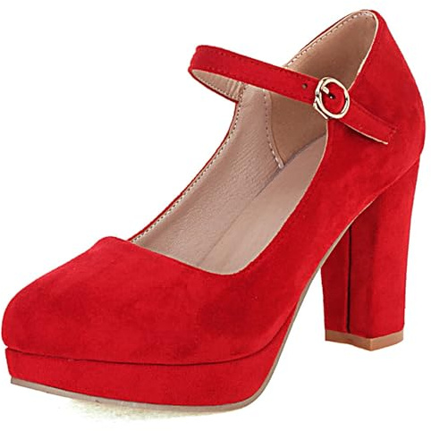 Lroey Reoly Merceditas de Mujer con Tacón En Bloque, Bombas de Tacón Alto Punta Rojoonda Hebilla Vestido Pumps con Plataforma Elegante Zapatos de Noche Xbhhva Rojo Talla 39 EU