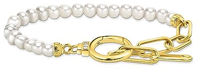 THOMAS SABO Armband aus Perlen und Ankerelementen mit weißen Steinen vergoldet 750 Gelbgold Vergoldung, 925 Sterlingsilber