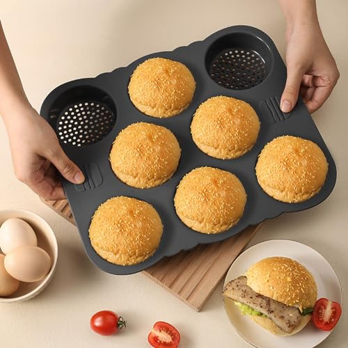 Molde para pan de hamburguesa, molde de silicona antiadherente de 8 cavidades para pan de hamburguesa perforado, molde para hornear bollos caseros
