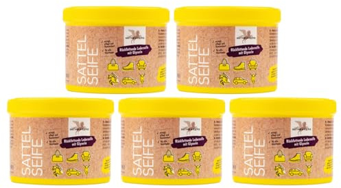 RL24 Bense & Eicke - Sattelseife mit Schwamm – 5 x 500 ml Dose (5er Set) | Dose (5er Set) – rückfettender Lederreiniger für Glattleder – Lederseife für Schuhe, Autositze, Taschen & Reitsättel