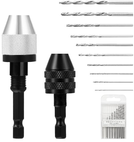 FIHDOOEN 2 Piezas Portabrocas Taladro,Mandril Para Taladro y 10 Brocas de 0,8-3,0 mm,Vástago Hexagonal de 1/4 Pulgadas,Portabrocas Manual Portabrocas Autoajustable,para Herramientas de Conversión