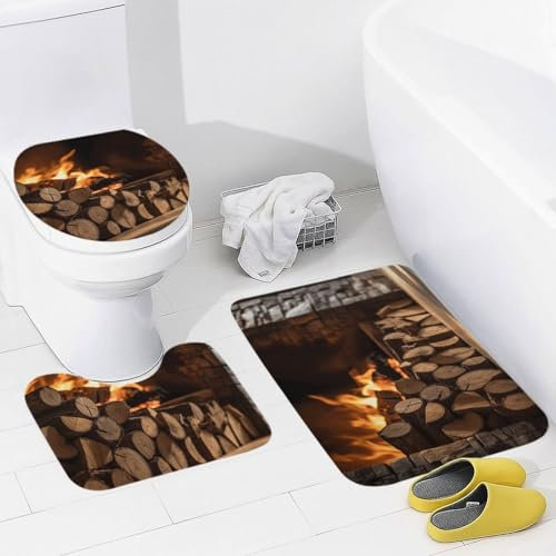Badezimmerteppich-Set, 3-teilig, Badematte mit U-förmiger Kontur, WC-Vorleger, rutschfeste Bodenmatte, saugfähige Mikrofaser, Holz auf Kamin, Badteppiche für Badezimmer, Badewanne, Duschmatte, Teppich