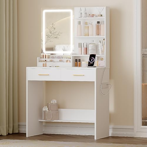 Hzuaneri Dressing Table with LED Light, 2 Sockets and 2 USB Ports Dressing Table with 2 Drawers and 4 Open Shelves, Storage Organiser Compartment, Suitable for Bedroom, Living room, White VT32003X