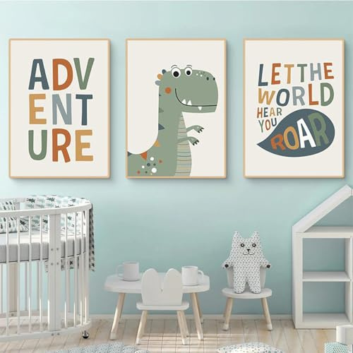 Ueiwffzo Kinderzimmer Poster 3er Set, Entzückendes Cartoon Dino Poster Set ohne Rahmen, Stilvolle Wanddeko & Wandbilder, Niedliche Leinwand Bilder für Babyzimmer Kinderzimmer Deko (B,40 x 50 cm)