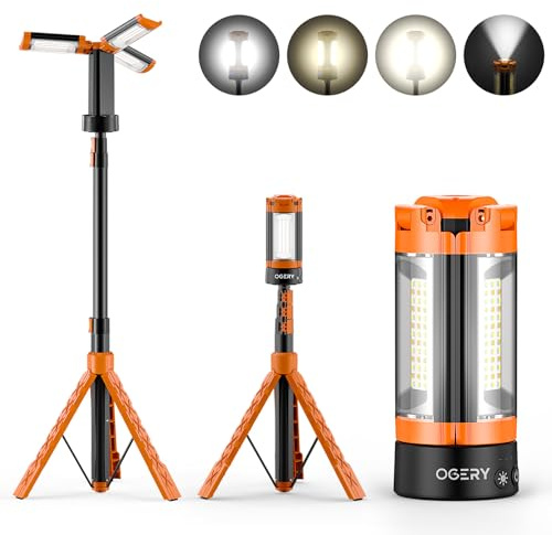 OGERY Rechargeable 10000mAh Camping Light with Stand 6.5 ft Max Height, Cordless Work Light with 3 LED Lamp Heads, 2200 Lumens Camping Essentials Gear Emergency Flashlight with Detachable Tripod