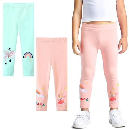 FILOWA Leggings Niñas Algodón Elásticos Pantalones 2-Pack Unicornio Arco Iris Bordados Legging Largo Pantalón Deportes Trousers Escuela Invierno Otoño Ropa para Infantiles Niños 3-4 Años, Azul Rosa