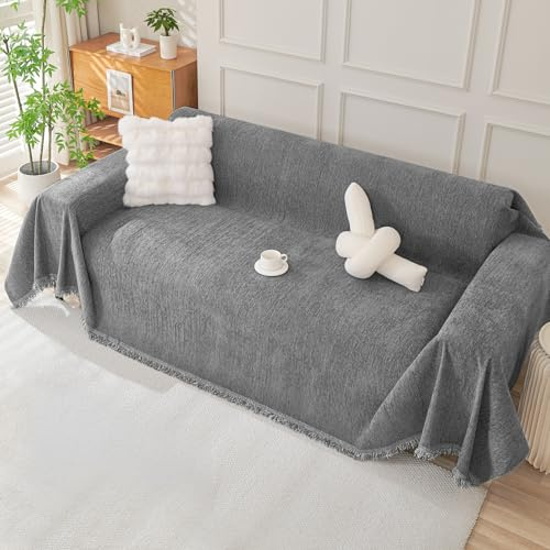 Royhom Sofa Überzug Chenille, Sofabezug L Form, Couch Überzug Ecksofa, Sofaüberwurf 2 Sitzer, Couch Überwurf mit Deko Quasten, Grau Sofa Überwurf(Dunkelgrau, 180x260cm) | Weich und atmungsaktiv, maschinenwaschbar, dekorative Fransen, für Sofa oder Liege