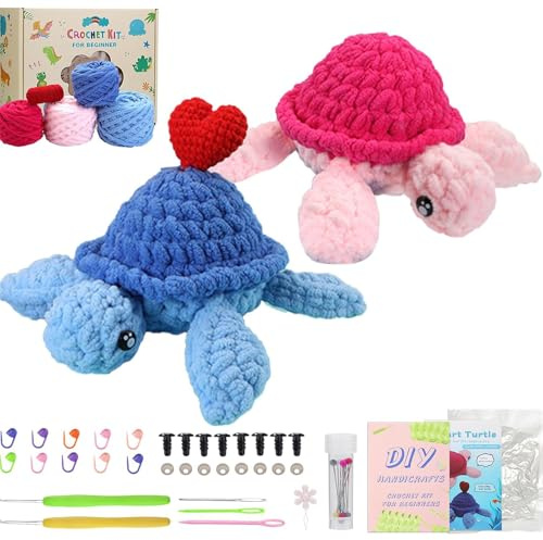 FYSL Häkelset Schildkröte mit Herz, Komplettes DIY Häkeln für Anfänger, Video-Tutorial einbeziehen, Anleitung, Häkelset Tiere für Kinder und Erwachsene