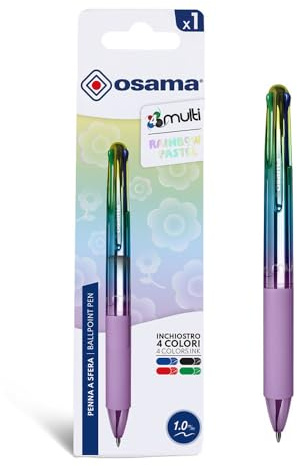 OSAMA 4 Multi Rainbow Pastel – Kugelschreiber Hochwertig 4 Verschiedene Farben, Kugelschreiber Minen 1,0mm, Stifte Pen mit Schwarz, Blau, Rot und Grün, Schreibwaren Schule, Büro, Universität - 1 Stück