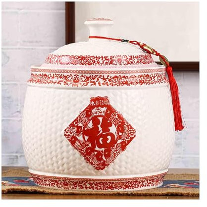 Arrocera china de cerámica sellada de gran capacidad con recipiente hermético rojo (18 x 20 cm)