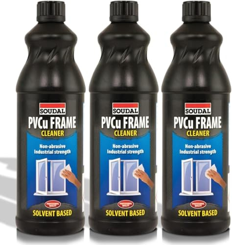 Soudal 3 PCS PVCu Solvent Cleaner 1Litre Bottles Fast-Acting, Non-Smear Plastic & Window Frame Restorer Removes Ingrained Dirt, Grease & Marks For Baths, Cladding, Trim & Garden Furniture