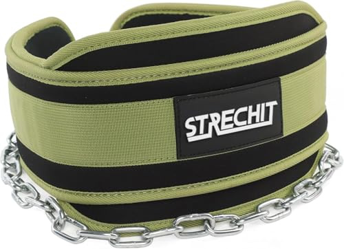 STRECHIT Green Dip Belt with 36 Steel Chain for Pull-Ups & Dips, Weighted lifting belt with Neoprene Padding, Heavy-Duty Carabiners, Durable for Strength & Fitness Workouts