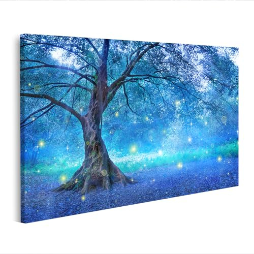 islandburner Quadro su tela Albero magico nella foresta luminosa piena di luci luminose, 80 x 40 cm