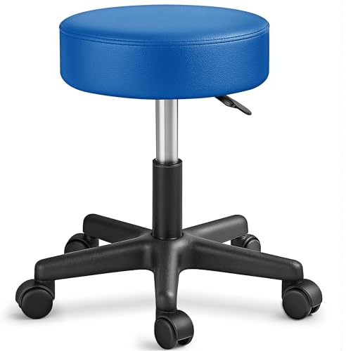 TRESKO, sgabello girevole regolabile in altezza Blu fino a 150 kg | Sgabello con rotelle imbottitura da 10 cm altezza seduta 47-60 cm | Sgabello per lavoro ufficio girevole a 360° con ruote