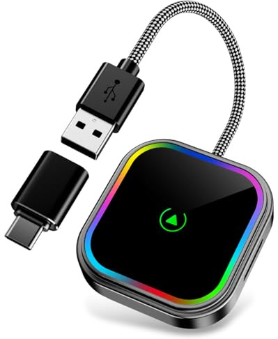 ESSGOO CarPlay Wireless Adapter für Apple,Android Auto Kabelloses Car Bluetooth WiFi Adapter USB C/A für iPhone iOS 10+,Android 11+,Plug und Play,Mini,Sprachgesteuerte Farbige RGB LED Leuchten