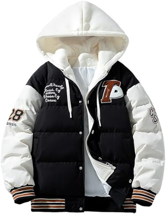 Generisch Winterjacke Herren Hip Hop Fashion Daunenjacke mit Kapuze Gespleißte Baseballjacke Winter Outdoor Verdickte Baseball Jacke Fake Zweiteilige Kapuzenjacke
