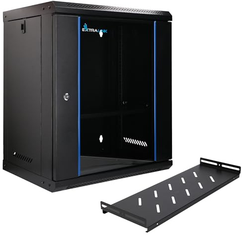 Extralink Armario Rack de 19 12U - Armario de Red de 400 mm, Estante Incluido, Montaje en Pared o Suelo, hasta 60 kg, Apertura de 180°, Negro - para Red doméstica y Equipos informáticos
