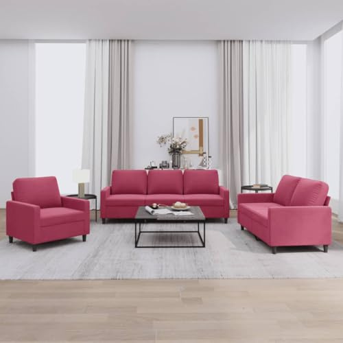 GeenYuu 3-TLG. Weinrote Samt Sofagarnitur mit Kissen, Robustes Metallgestell, Bequemes Wohnzimmer Sofa Set für Zuhause, 1 Sessel, 1 Zweisitzer, 1 Dreisitzer