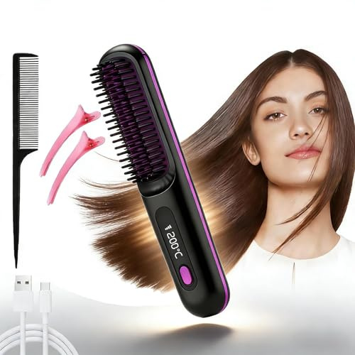 2026 Brosse Coiffante Cheveux Court, Peigne Lissant Chauffant Sans Fil En CéRamique, 6400 Mah, 3 Modes De Chauffe Et éCran Led, Pour Un Coiffage Lisse Au Quotidien (Noir)