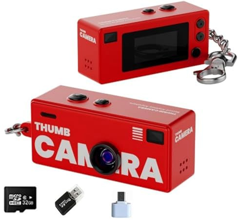Mini Fotocamera Portachiavi Vintage, Small Camera Keychain, Mini Macchina Fotografica Digitale, Fotocamera per Pollice Video Portatile Compatta Foto e Audio (Red)