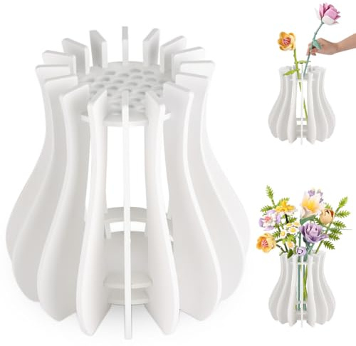 AOOTE Jarrón de Madera para Lego Flores,Jarrón Puzzle De Madera | Kit de jarrón de Madera para Rosas Lego para Lego Rosas,Cerezo,Girasoles,Tulipanes,para Decoración Escritorio,Blanco