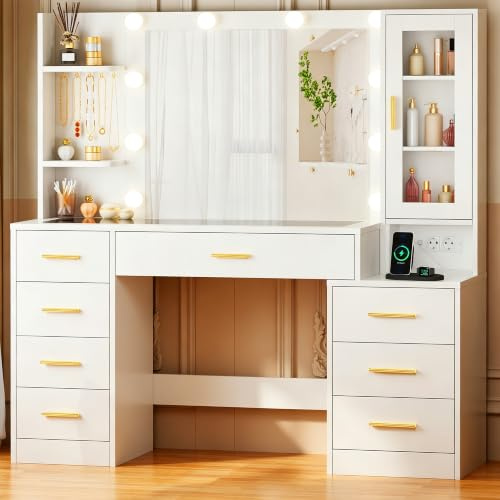 BEWISHOME Grande Toeletta Trucco con Luci e Specchio, per Camera da Letto | Illuminazione a LED Regolabile, Toeletta Trucco con Piano in Vetro, Moderna Trucco con 8 Cassetti, Prese, Bianco EFST67W