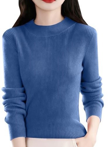 Ribbad stickad tröja för kvinnor långärmad smal passform basic lager pullover topp