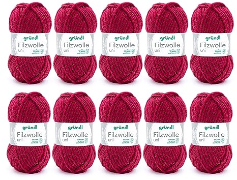Gründl filtull uni (ull för filning, stickning och virkning, garn tillverkat av 100% ny ull, 50 g/50 m, nåltjocklek: 8 – 9, 10 x 50 g), bordeauxröd