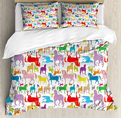 Ambesonne Horses Duvet Cover Set, Colorful Abstract Horse Silhouette Stallion Pattern Hand Drawn Wildlife Illustration, Decorative 3 Piece Bedding Set with 2 Pillow Shams, Queen Size, Lilac Multicolor