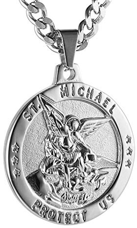 HZMAN St Michael The Archangel Catholic Medal Stainless Steel Amulet Pendant Necklace 22+2 Curb Chain (Silver-1)