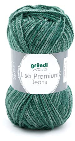 Gründl 4747-04 Lisa Premium jeansgarn, akryl, flaskgrön melerad, 3,5–4,5 mm