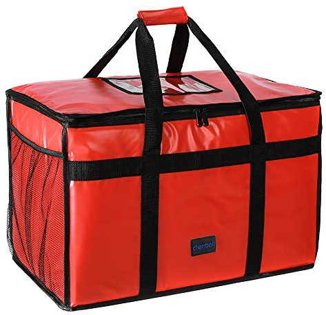 cherrboll Insulated Food Delivery Bag -23x14x15, Premium Large Commercial Catering Bag for Food Transport, Thermal Food Carrier with Side Pockets, Extra Strength Zipper & Thick Insulation, Red