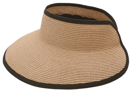 Joywant Sombreros de visera para mujer, plegable, de ala ancha, para coleta de caballo, sombrero de playa, visera de paja, esencial para mujer, Marrón, Talla única