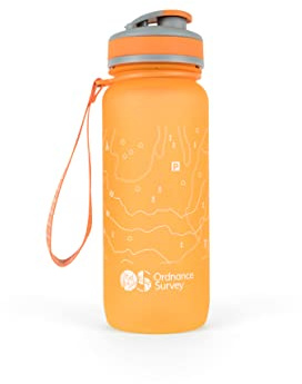 Ordnance Survey 650ml Tritan Water Bottle for Fitness, Hiking, Camping, Outdoor Sports, Made From BPA-Free Material, Leak-Proof, Flip-Top Lid, With Handle, Orange