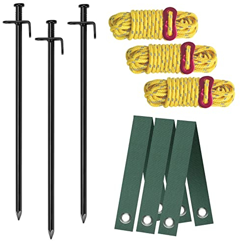 Aoipend Kit de piquets d'arbre robustes pour arbre incliné, 3 piquets en métal, 3 sangles d'arbre, lignes de haubans réfléchissantes de 12,2 m, kits d'ancrage pour jeunes arbres, tente d'extérieur