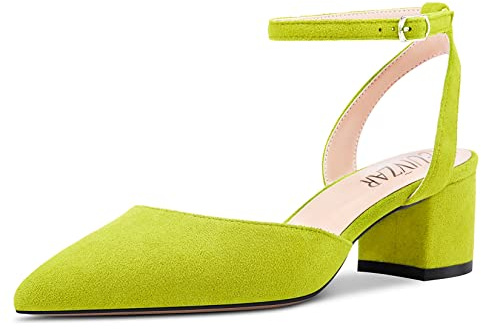 HEUIVZAR Mujer Dress Zapatos Sandalias Puntiaguada Punta Bajos Heel Pumps Ante Ancho Chunky Heel de Boda Verde Lima 5 CM 36 EU