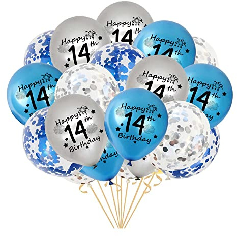 14.Geburtstag Luftballons, 20 Stück Blau Silber Happy 14. Geburtstag Latex Konfetti Ballon Bänder zum Jungen 14 Jahre Geburtstagdeko Jungen(14.)