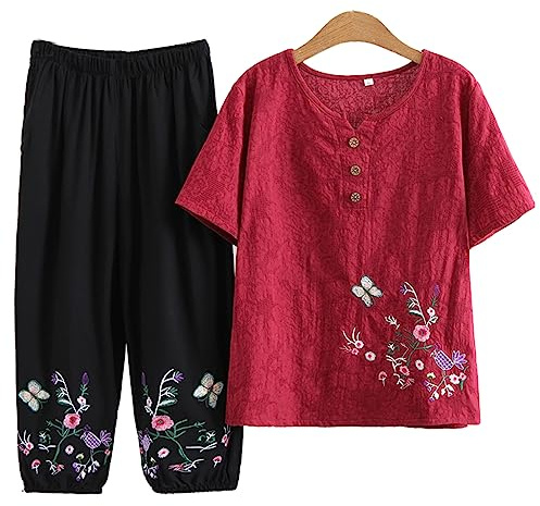 QPZK Mujeres Tang Suit Hanfu Ropa Tradicional China, Ancianos Tai Chi Uniformes para Mujeres Arte marcial Kung Fu Bording Borded Camiseta de Manga Corta y Pantalones Red-XL